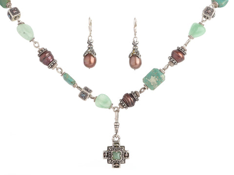 Alana Leigh Sterling Silver Green Chalcedony and Brown Pearl Necklace and Earrings Set