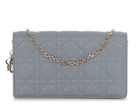 Dior Gray Lambskin Lady Dior Pouch With Chain