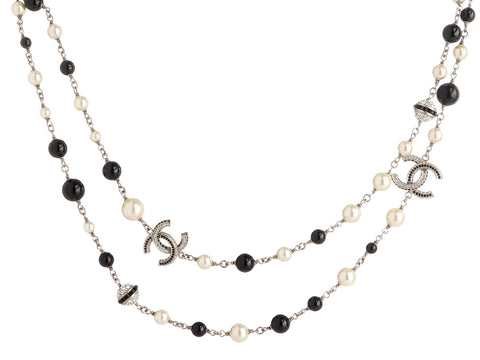 Chanel Long Black Beads, Pearls, and Crystal Logos Necklace