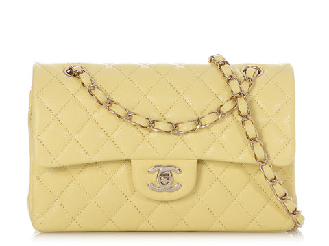 Chanel Small Light Yellow Quilted Caviar Classic Double Flap