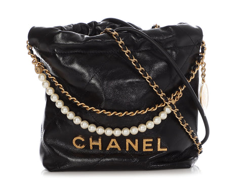 Chanel Mini 22 Black Quilted Glazed Calfskin Hobo With Pearl Strap