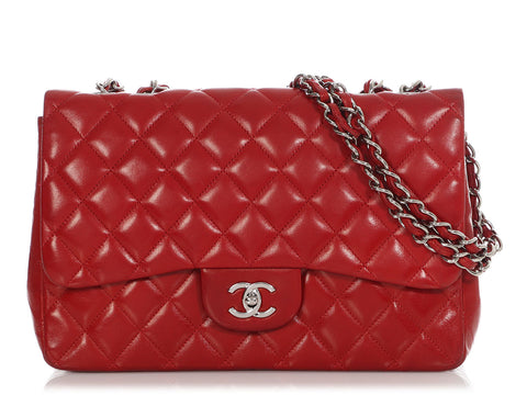 Chanel Jumbo Red Quilted Lambskin Classic Single Flap