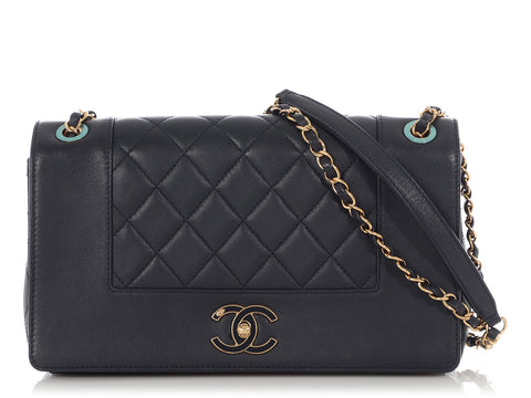 Chanel Vintage Medium Navy Part-Quilted Sheepskin Mademoiselle Flap