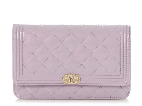 Chanel Lilac Metallic Patent Boy Wallet On Chain