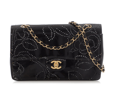 Chanel Vintage Black Perforated Patent Camellia Flap