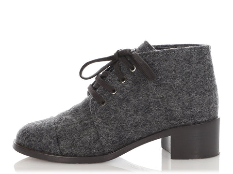 Chanel Gray Wool Lace-Up Ankle Boots