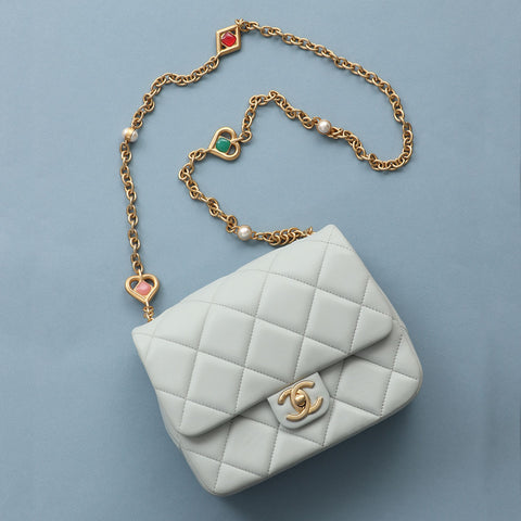 Chanel Light Blue Quilted Lambskin Jeweled Chain Flap