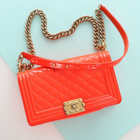 Chanel Old Medium Neon Orange Quilted Patent Boy Bag