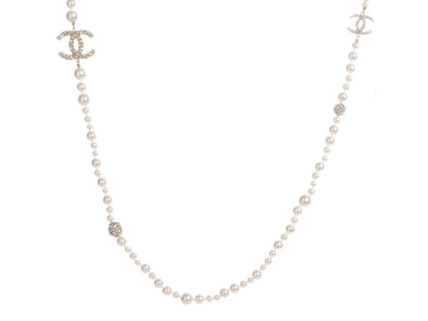 Chanel Long Pearl and Crystal Logo Necklace