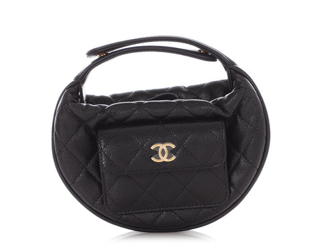 Chanel Black Quilted Caviar Mini Round Polly Pocket Pouch Hobo