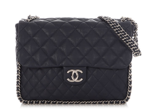 Chanel Maxi Navy Quilted Washed Lambskin Chain Around Flap