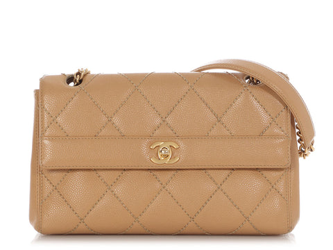 Chanel Vintage Beige Quilted Caviar Wild Stitch Flap