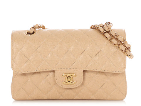 Chanel Small Beige Claire Quilted Caviar Classic Double Flap