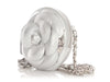 Chanel Silver Leather Camellia Round Clutch With Chain