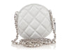 Chanel Silver Leather Camellia Round Clutch With Chain