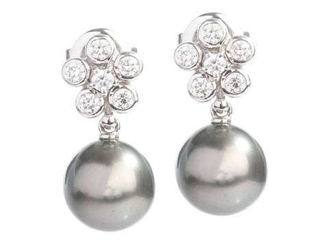 Mikimoto 18K White Gold Tahitian Pearl Diamond Flower Pierced Earrings