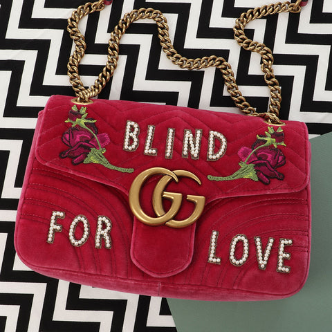 Gucci Medium Light Raspberry Velvet Matelassé Blind for Love Embroidered GG Marmont Shoulder Bag