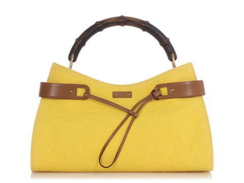 Gucci Yellow Canvas Bamboo Shoulder Bag