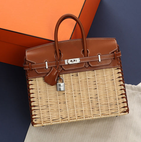 Hermès Naturel Wicker and Fauve Barenia Picnic Birkin 25