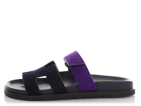 Hermès Marine and Violet Suede Chypre Sandals