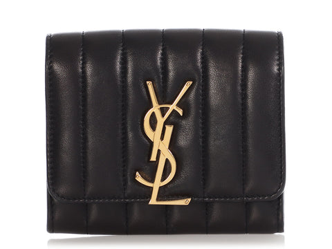 Saint Laurent Black Quilted Lambskin Monogram Vicky Wallet