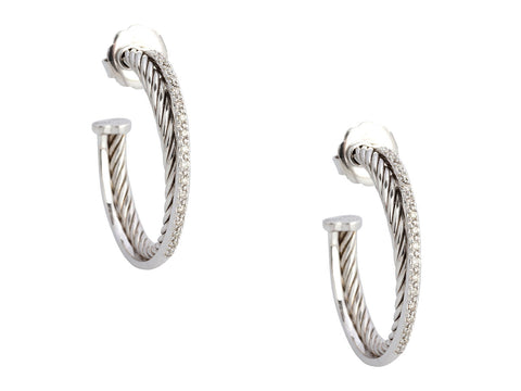 David Yurman Sterling Silver Diamond Medium Crossover Pierced Hoop Earrings