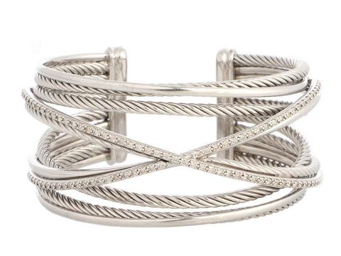 David Yurman Wide Sterling Silver Diamond Crossover Cuff