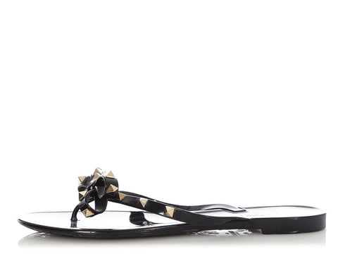 Valentino Black Rubber Rockstud Bow Thong Sandals