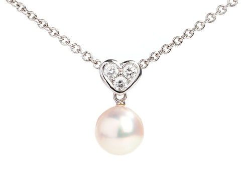 Mikimoto Akoya 18K White Gold Pearl and Diamond Heart Pendant Necklace