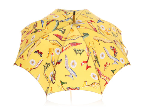 Ferragamo Vintage Shoe and Butterfly Print Yellow Handled Umbrella