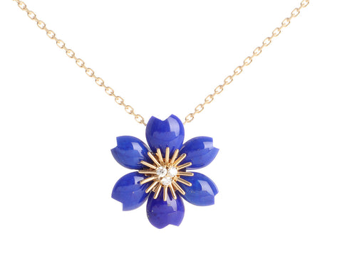 Van Cleef & Arpels 18K Yellow Gold Lapis and Diamond Mini Rose de Noël Pendant Necklace