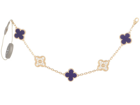 VCA 18K Yellow Gold Diamond and Blue Sèvres Porcelain Vendôme Vintage Alhambra 50th Anniversary Bracelet