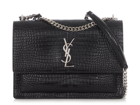 Saint Laurent Medium Black Croc-Embossed Sunset