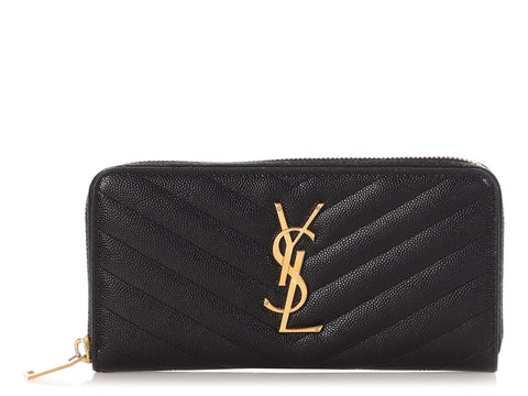 Saint Laurent Large Black Grain de Poudre Monogram Zip Wallet