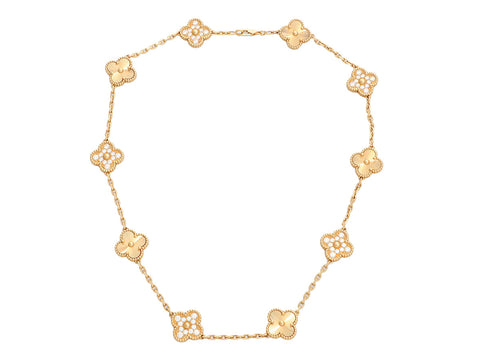 Van Cleef & Arpels 18K Yellow Gold Guilloché Diamond 10-Motif Vintage Alhambra Necklace